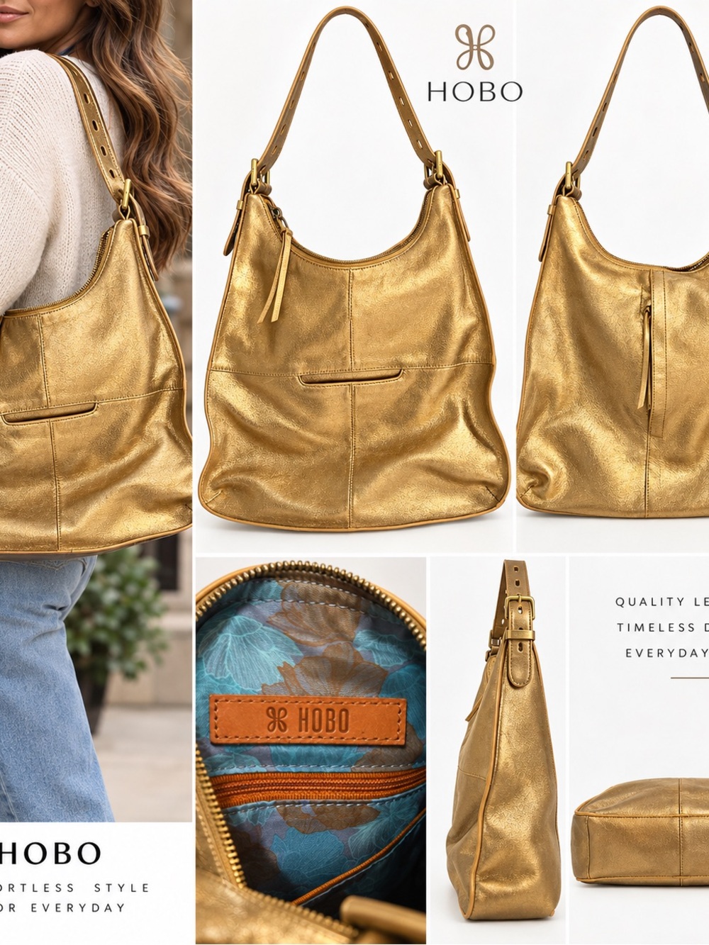 HOBO Metallic Gold Leather Hobo Shoulder Bag